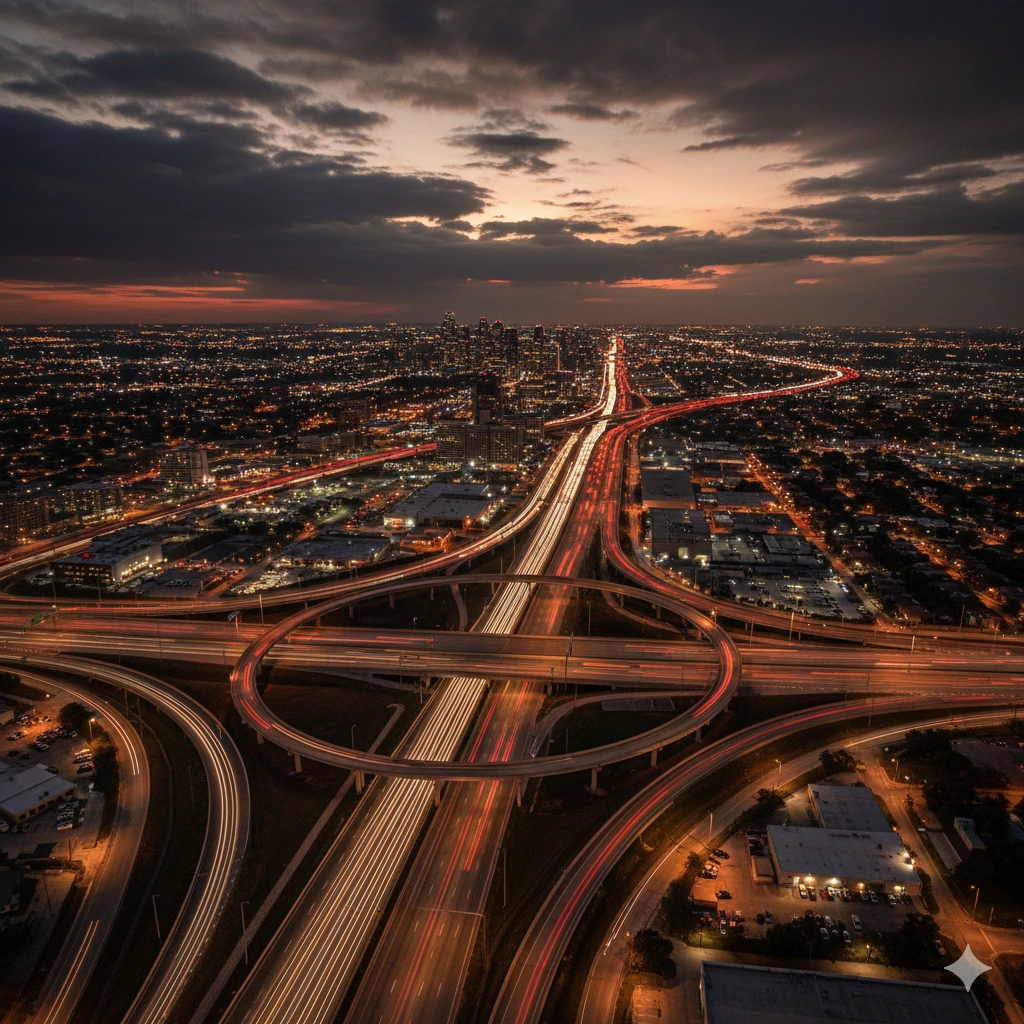Aerial view of Dallas-Fort Worth highway interchange at night showing the scale of the DFW metroplex