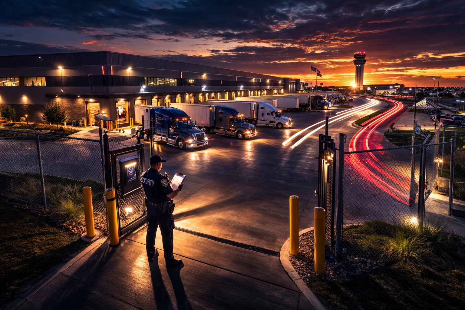 Security officer with clipboard at warehouse gate in the Alliance corridor at sunset with semi trucks and control tower in the background
