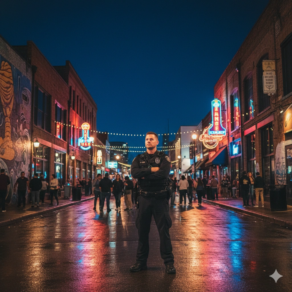 Security officer standing on Deep Ellum street at night with neon signs and crowds along the Dallas entertainment district