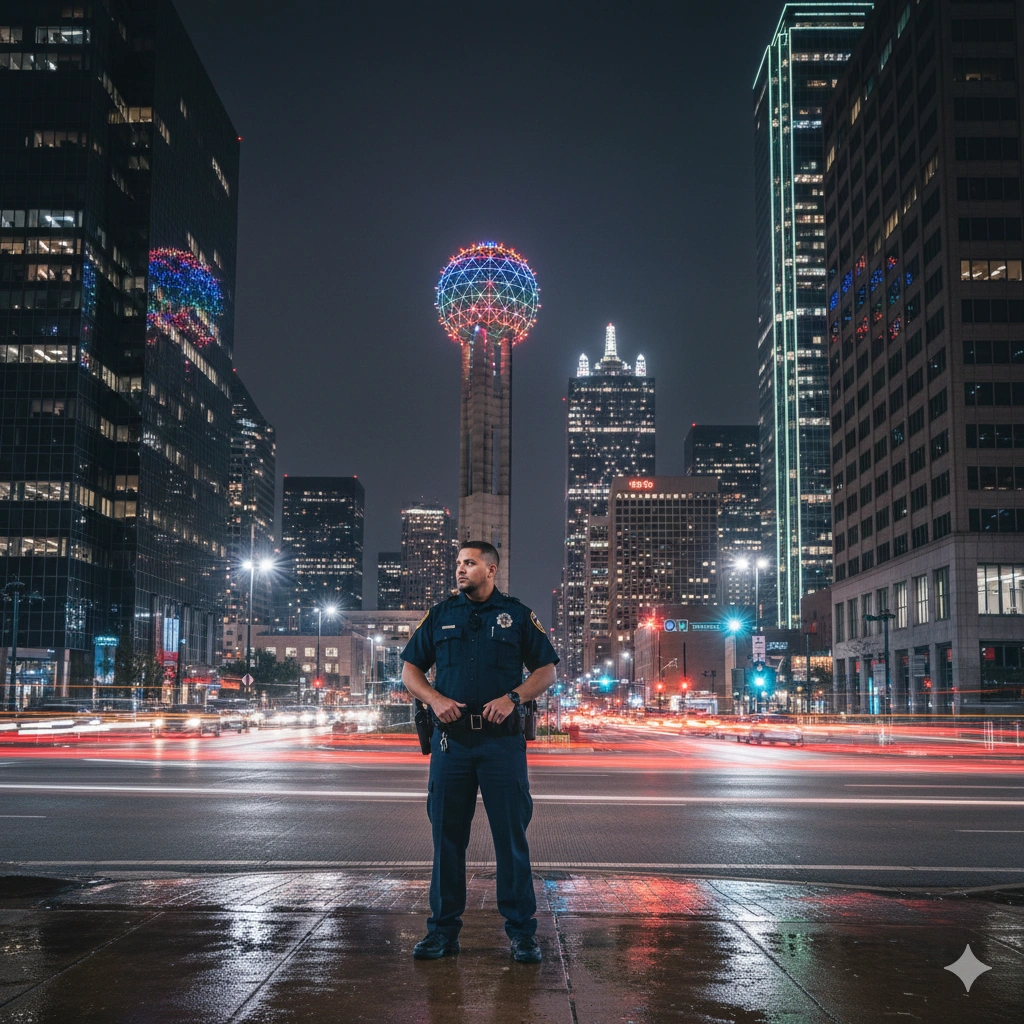 Security officer standing in Downtown Dallas at night with Reunion Tower and illuminated skyscrapers in the background