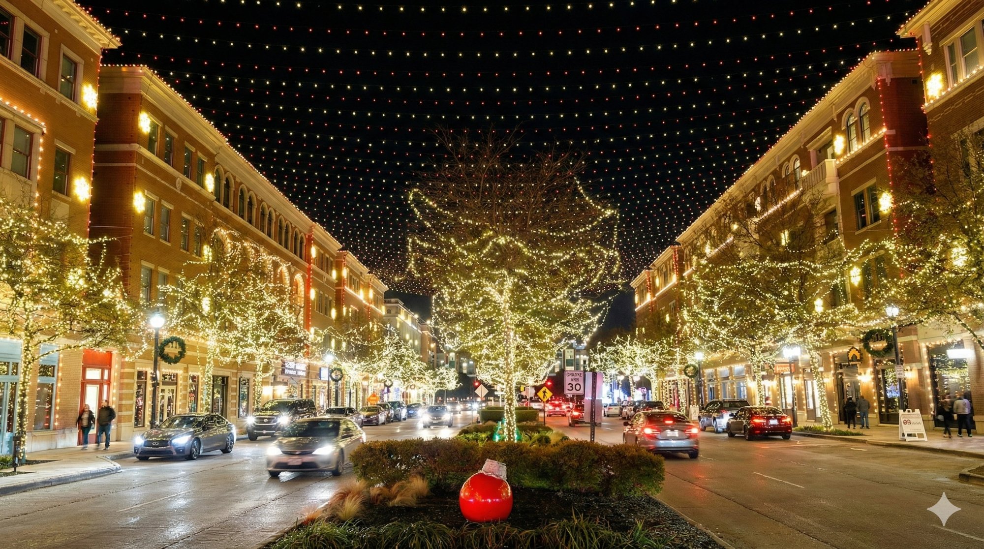 Frisco Square main street at night with holiday lights canopy over tree-lined boulevard and mixed-use buildings