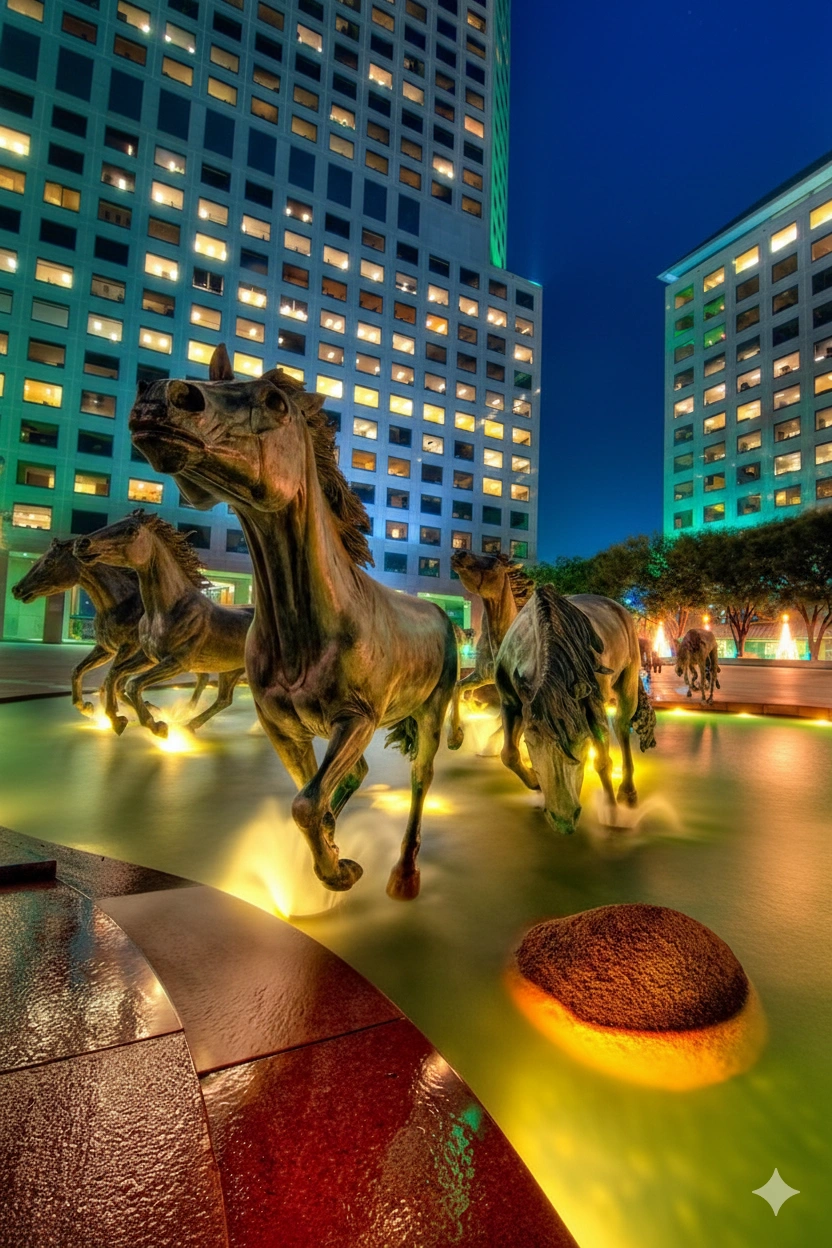 Mustangs of Las Colinas bronze horse sculptures illuminated at night with Irving office towers in the background