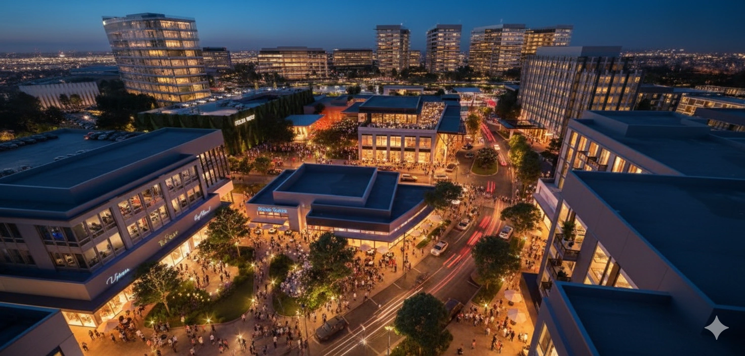 Aerial view of Legacy West mixed-use development in Plano Texas at night with crowds and illuminated retail and office buildings