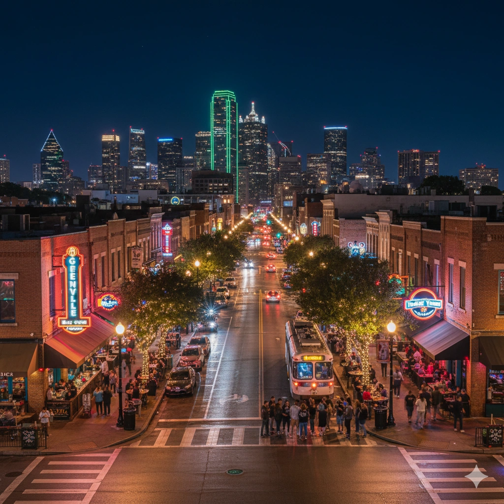 Lower Greenville Avenue in Dallas at night with neon signs lining both sides of the street and Dallas skyline in the distance