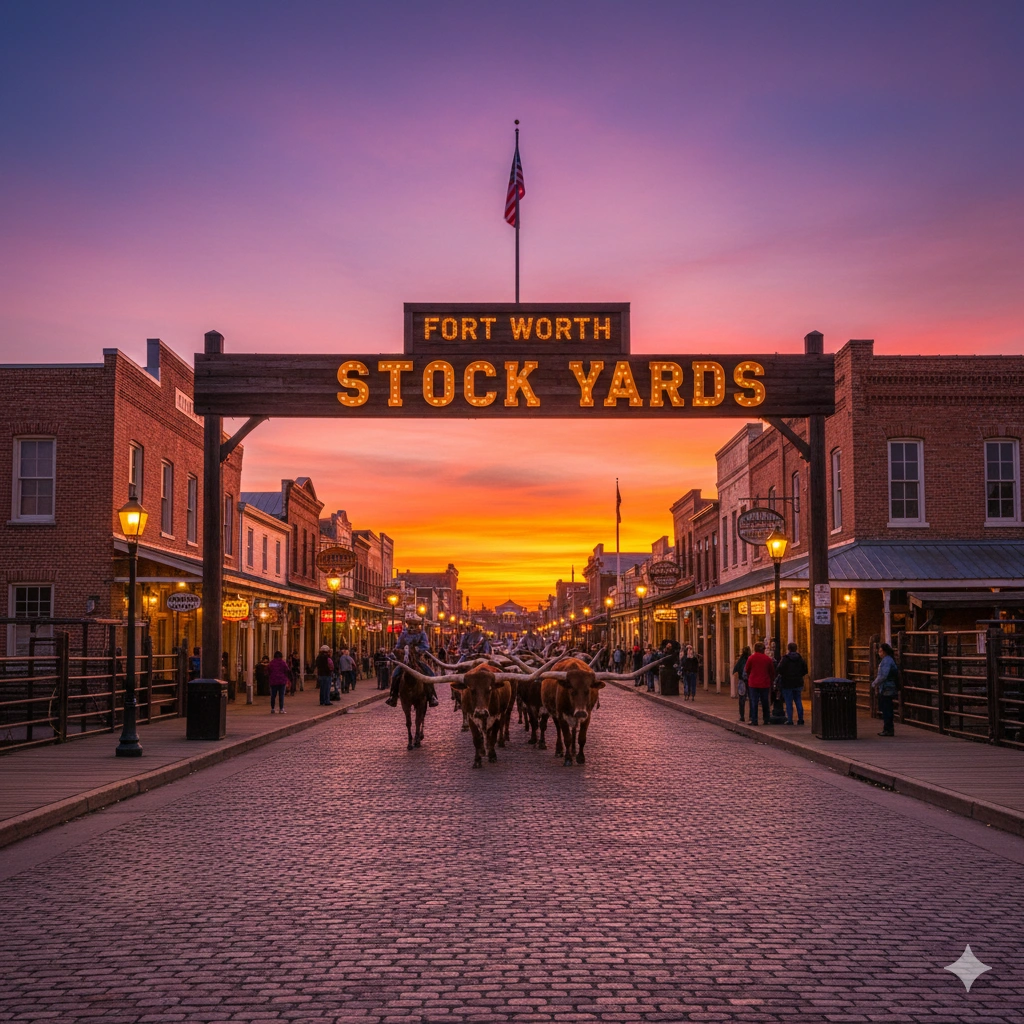 Fort Worth Stockyards entrance sign at sunset with longhorn cattle drive on brick-paved Exchange Avenue