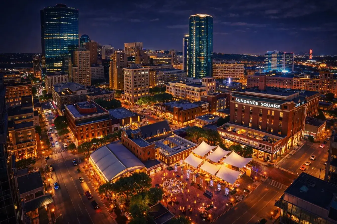 Aerial view of Sundance Square in downtown Fort Worth at night with illuminated buildings and event tents in the plaza