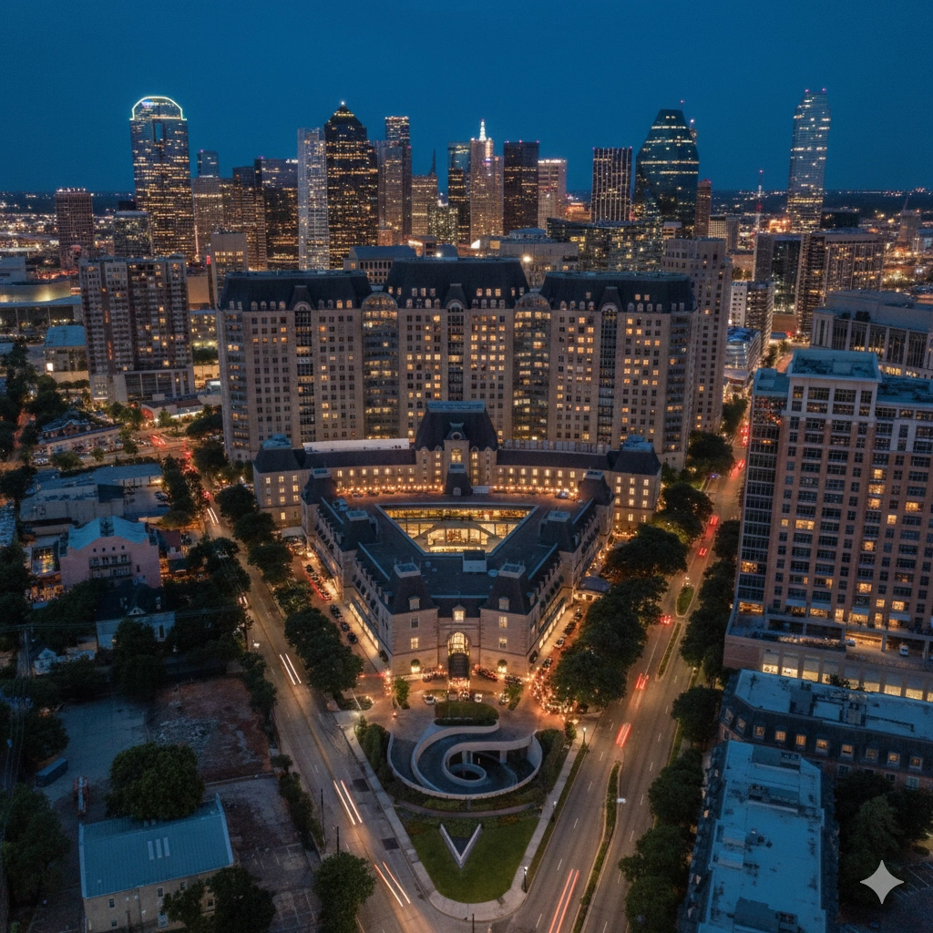 Aerial view of Uptown Dallas at night featuring luxury high-rise buildings and the Dallas skyline in the background