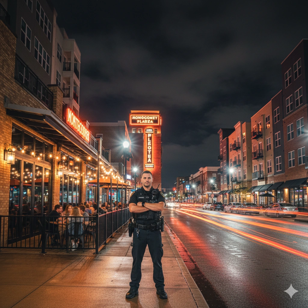 Security officer standing on West 7th Street in Fort Worth at night with Montgomery Plaza sign and restaurant patios visible