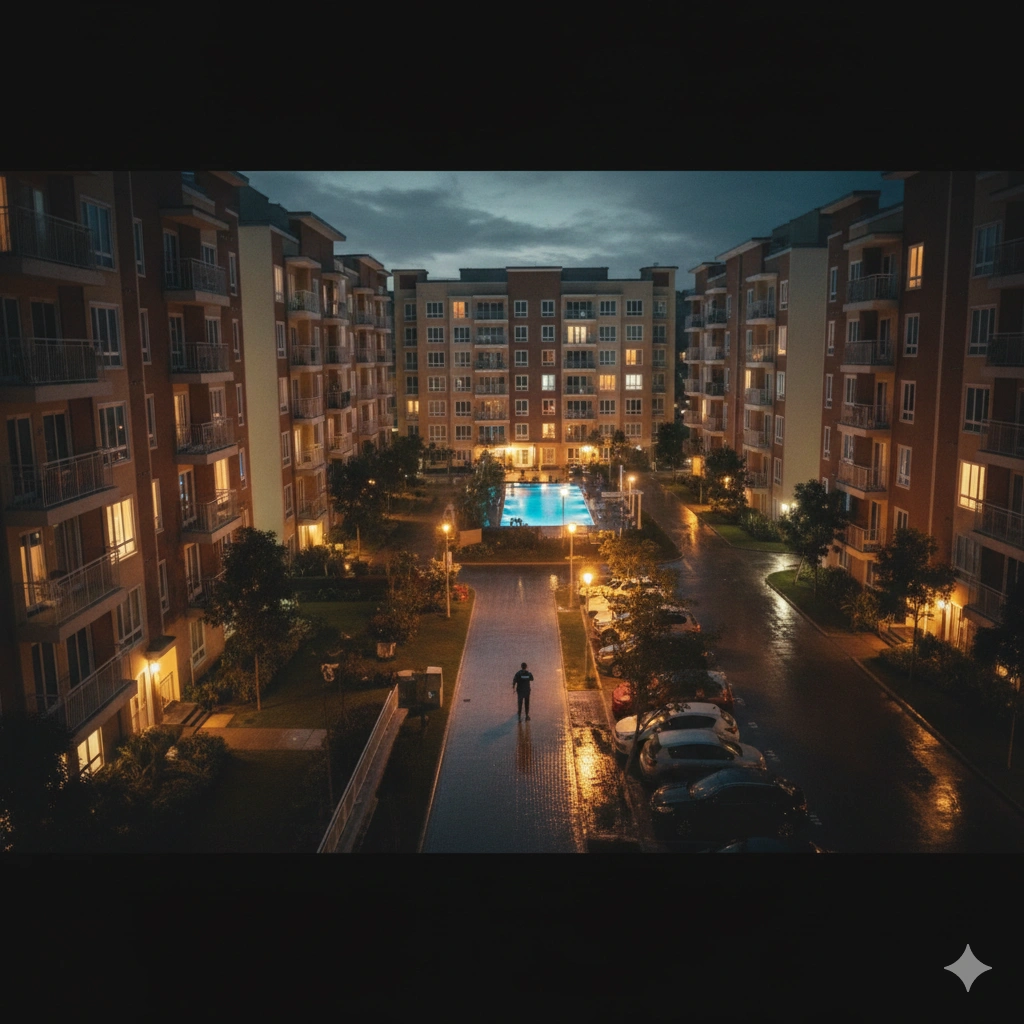 Aerial view of apartment complex courtyard at night with security guard walking patrol route between buildings in DFW