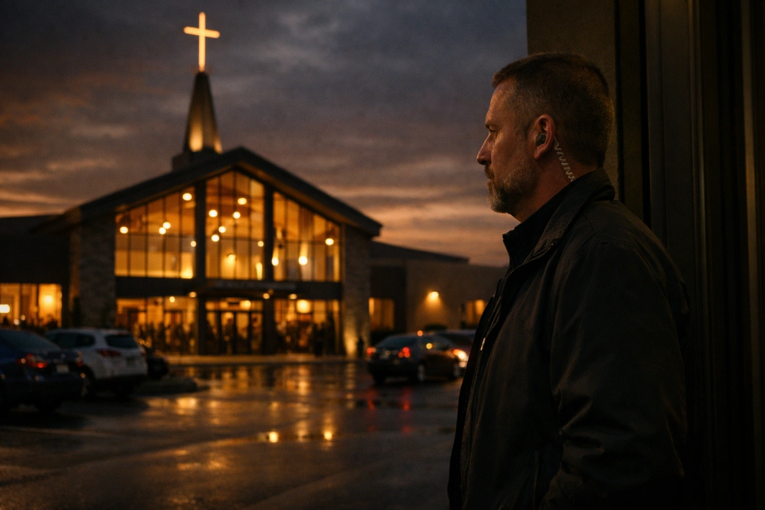 Plainclothes security officer with earpiece standing watch outside modern church building at dusk with illuminated cross and parking lot in Dallas-Fort Worth