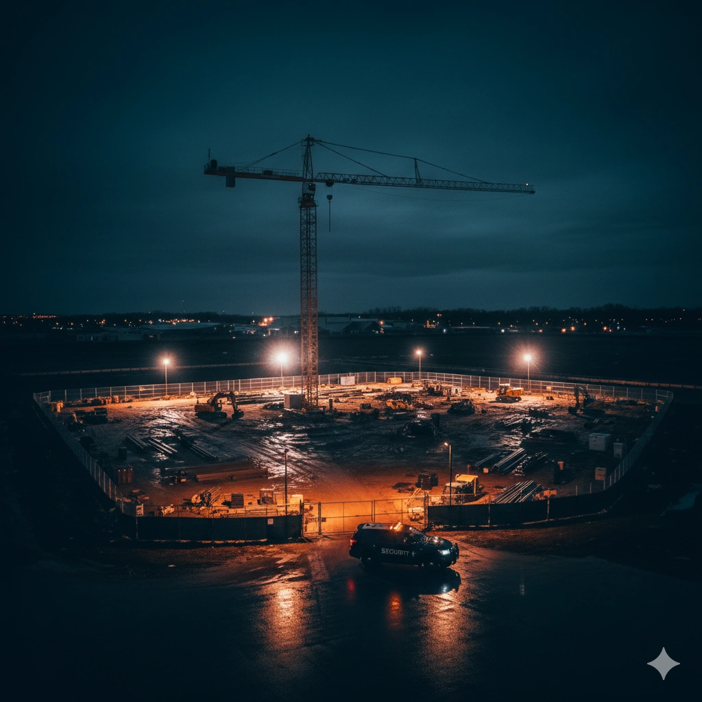 Aerial nighttime view of secured construction site with crane and security patrol vehicle in Dallas-Fort Worth
