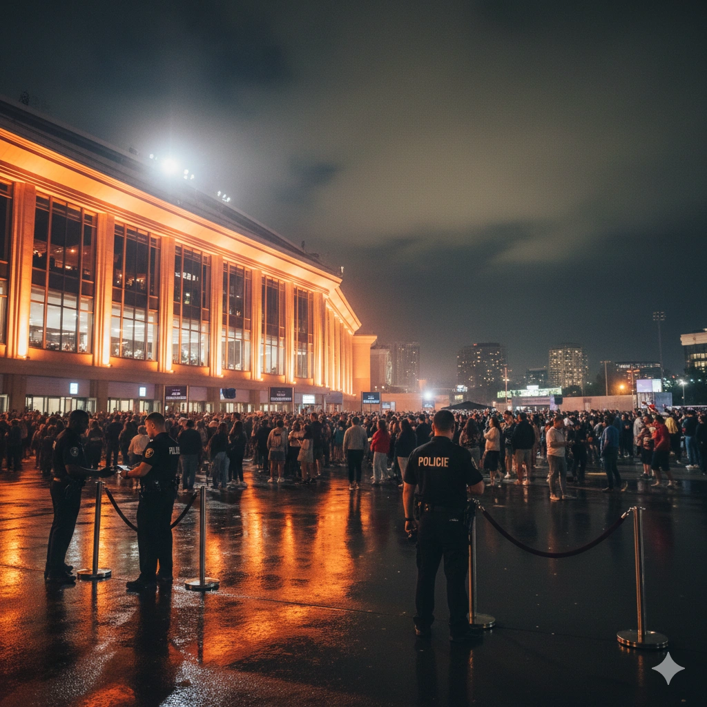 Security officers managing crowd at large entertainment venue exterior at night with stanchions in Dallas-Fort Worth