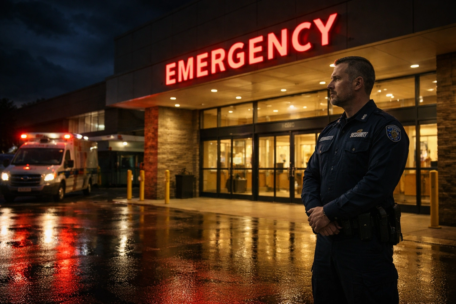 Security officer standing post outside hospital emergency department entrance at night with red EMERGENCY sign and ambulance in Dallas-Fort Worth