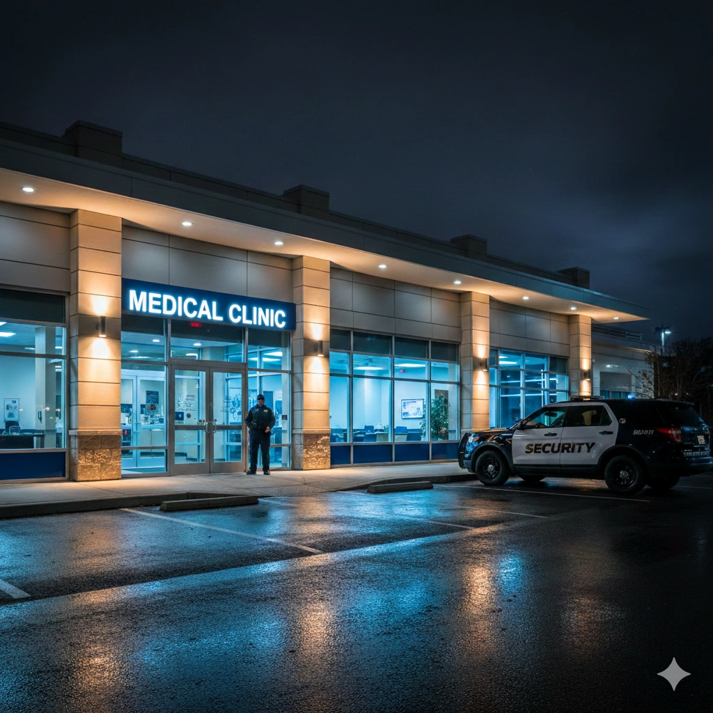 Security guard and patrol vehicle posted outside medical clinic at night with blue and white lighting in Dallas-Fort Worth