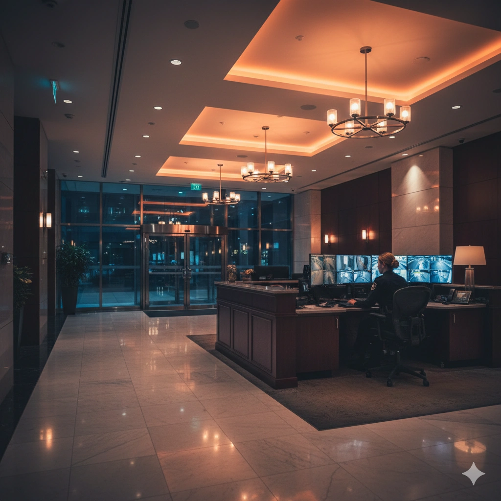 Security officer at front desk monitoring surveillance screens in upscale corporate office building lobby at night in Dallas