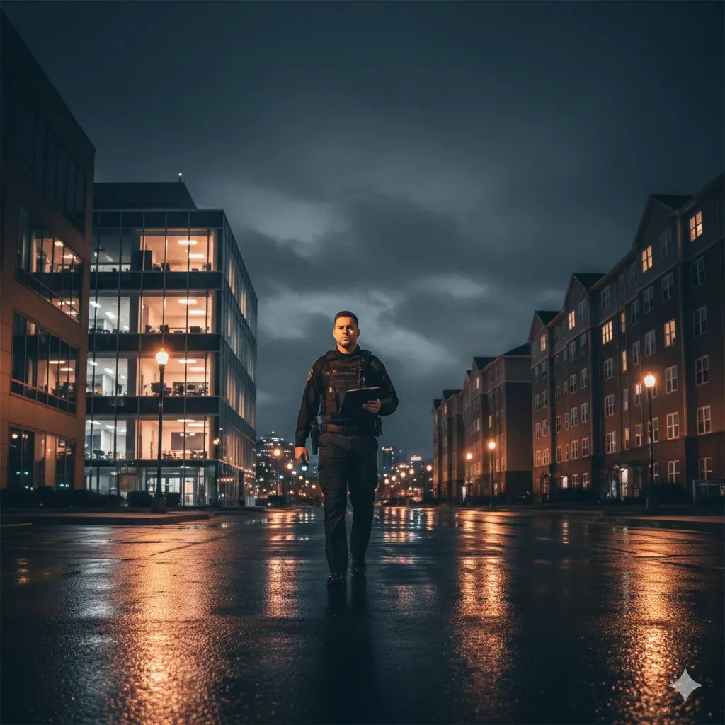 Multi-property security coverage showing office building apartment complex and retail center connected at night in DFW