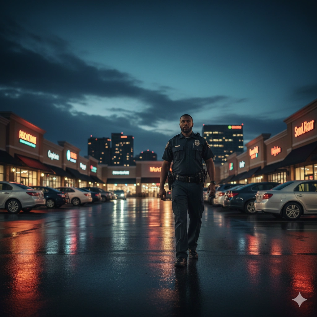 Security guard walking patrol through retail shopping center parking lot at dusk in Dallas-Fort Worth