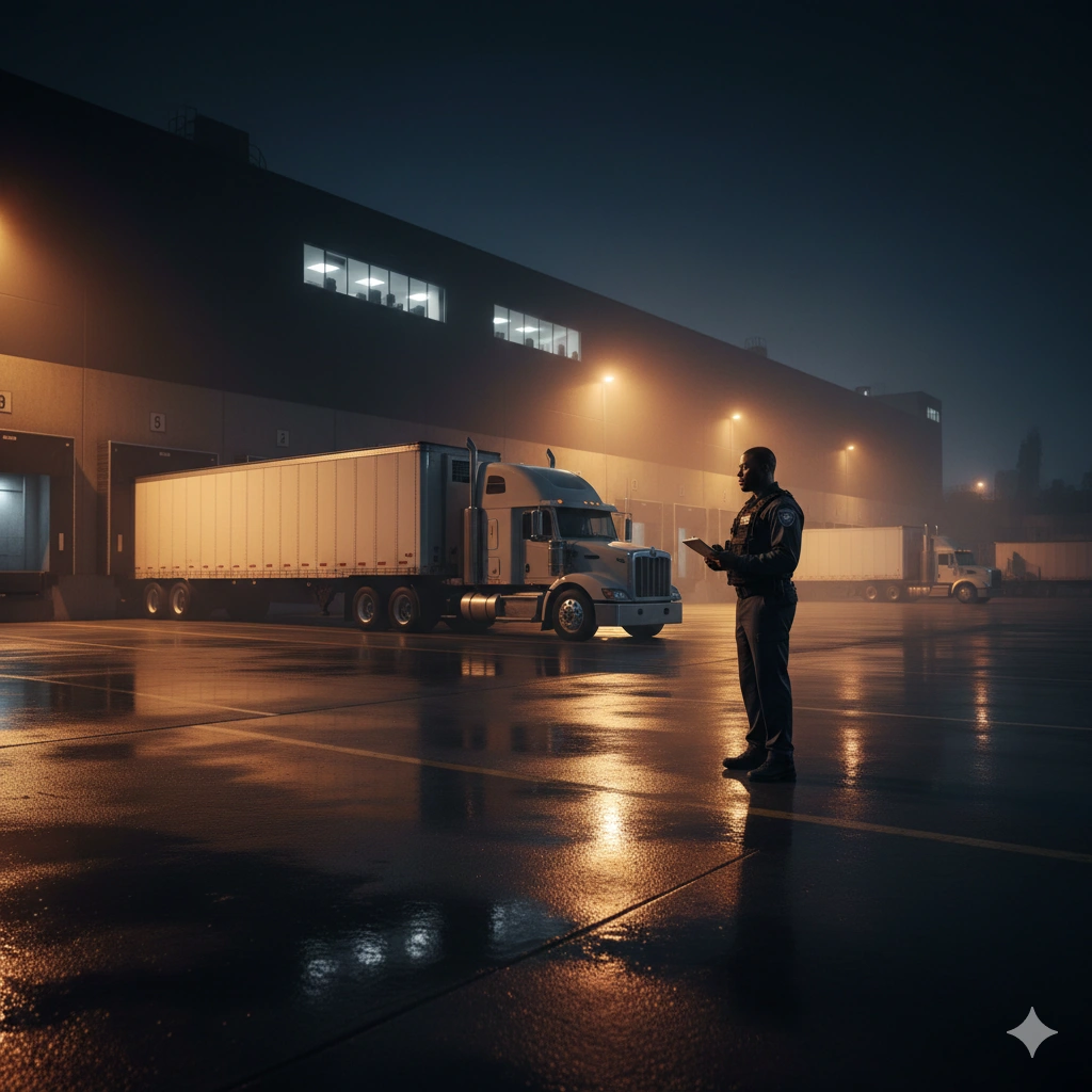 Security guard monitoring loading dock area at warehouse with semi truck at night in Dallas-Fort Worth logistics corridor
