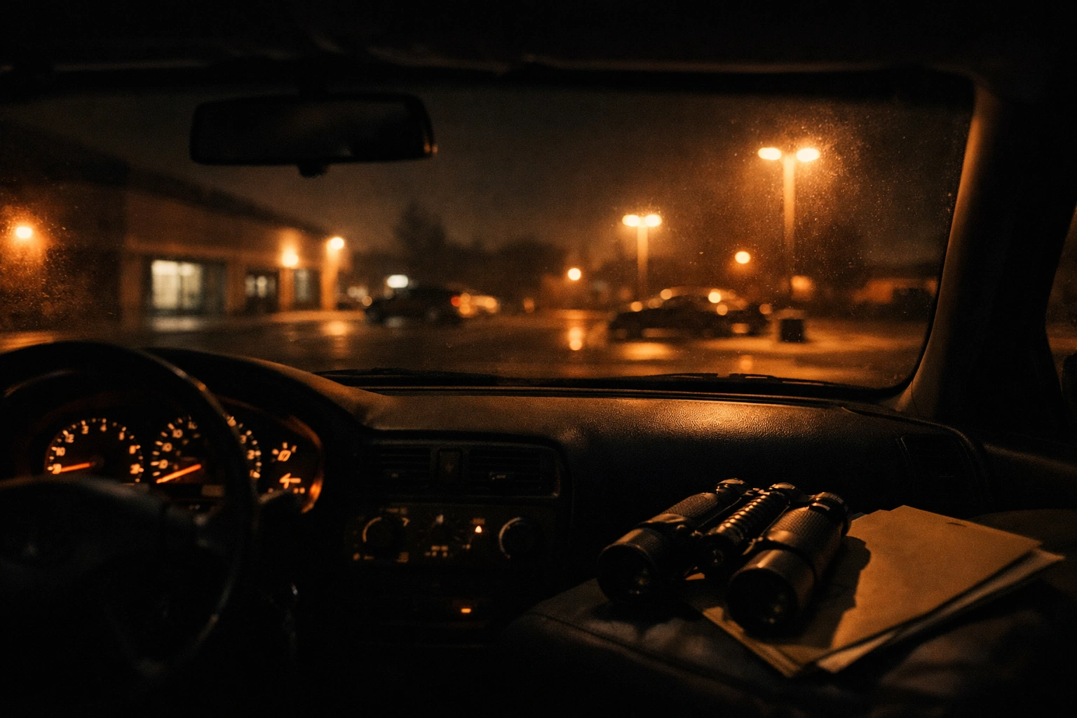 Private investigator reviewing case documents and surveillance equipment at a desk
