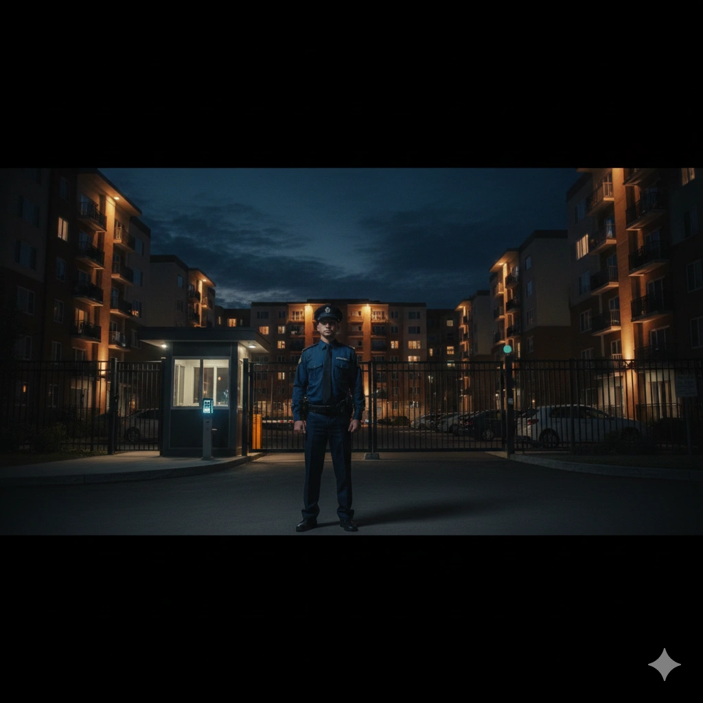 Uniformed security guard standing at gated entrance of apartment complex at night in Dallas-Fort Worth