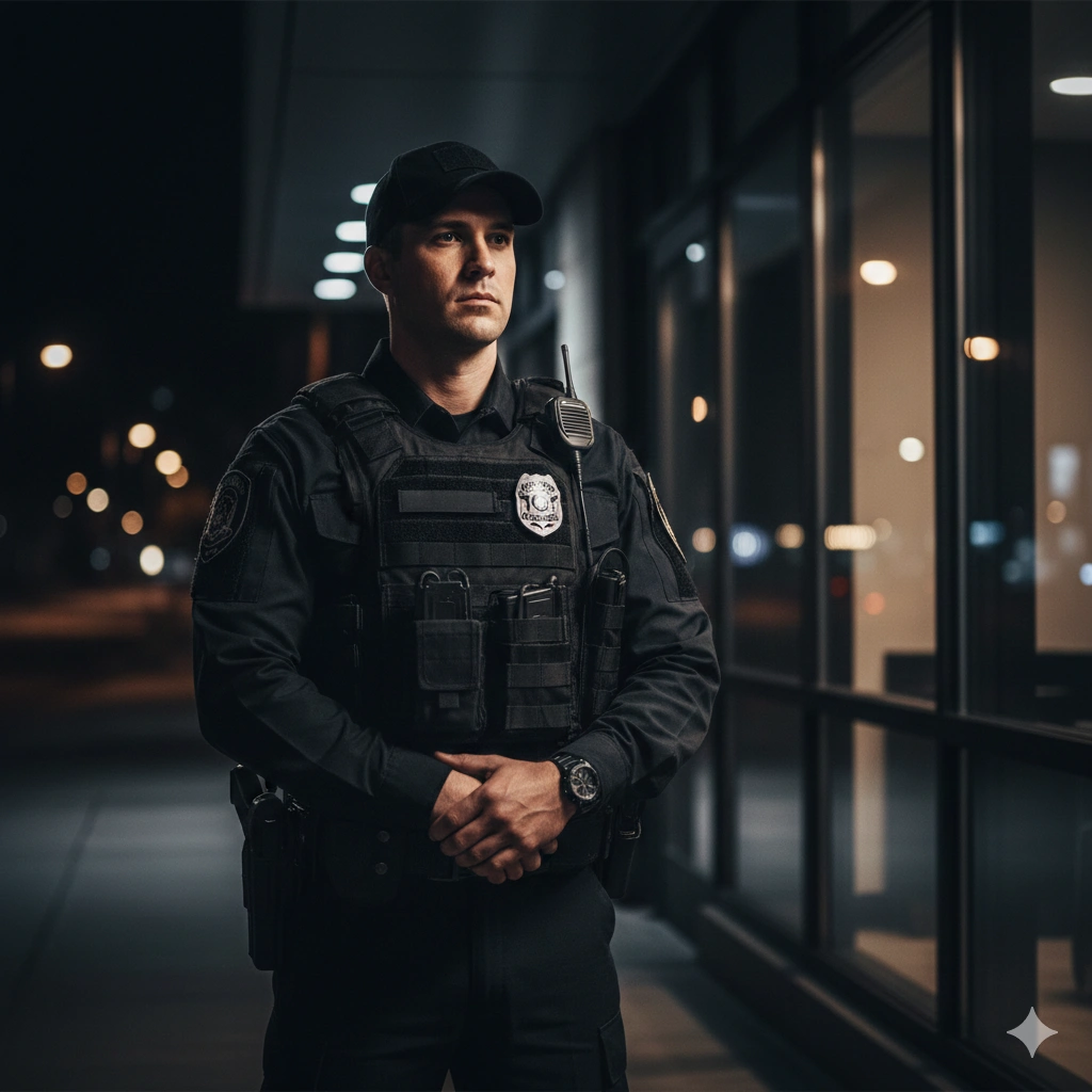 Licensed armed security officer in tactical vest standing post outside commercial building at night in DFW