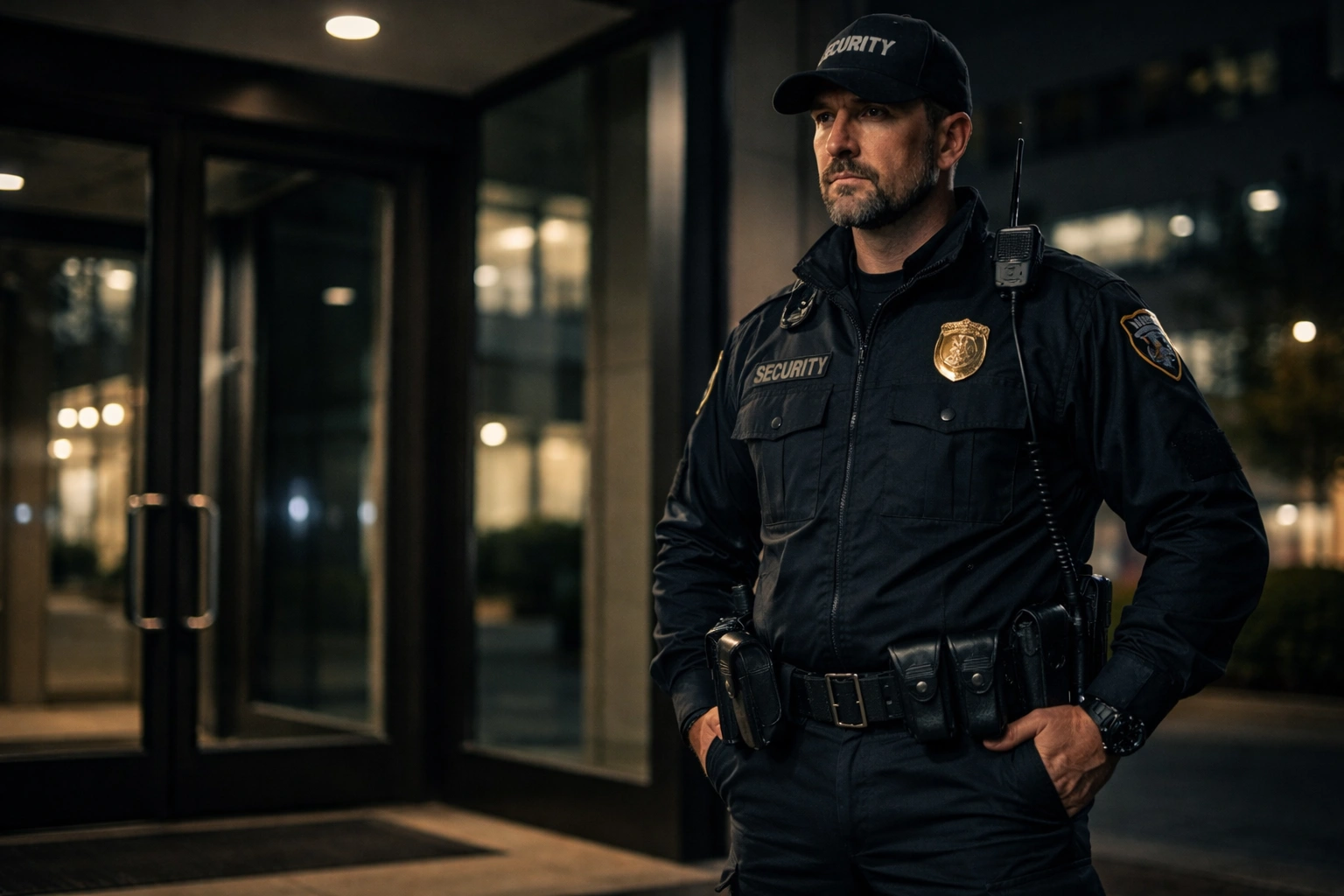 Licensed security guard in professional uniform standing at a commercial property entrance in Dallas