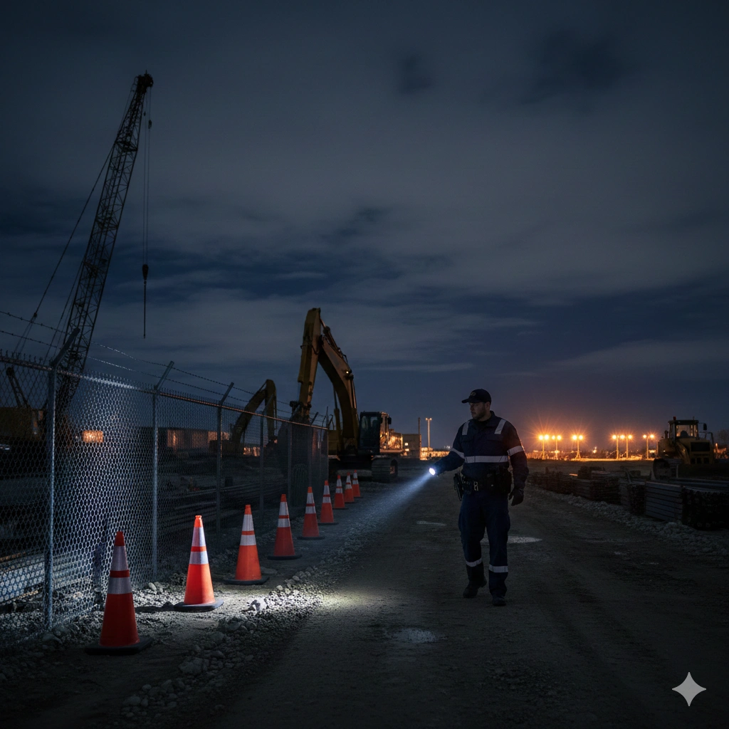Security guard patrolling a construction site at night with flashlight near heavy equipment and safety cones in Dallas-Fort Worth