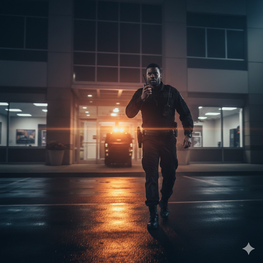 Emergency security guard with radio responding urgently to commercial building at night in Dallas-Fort Worth