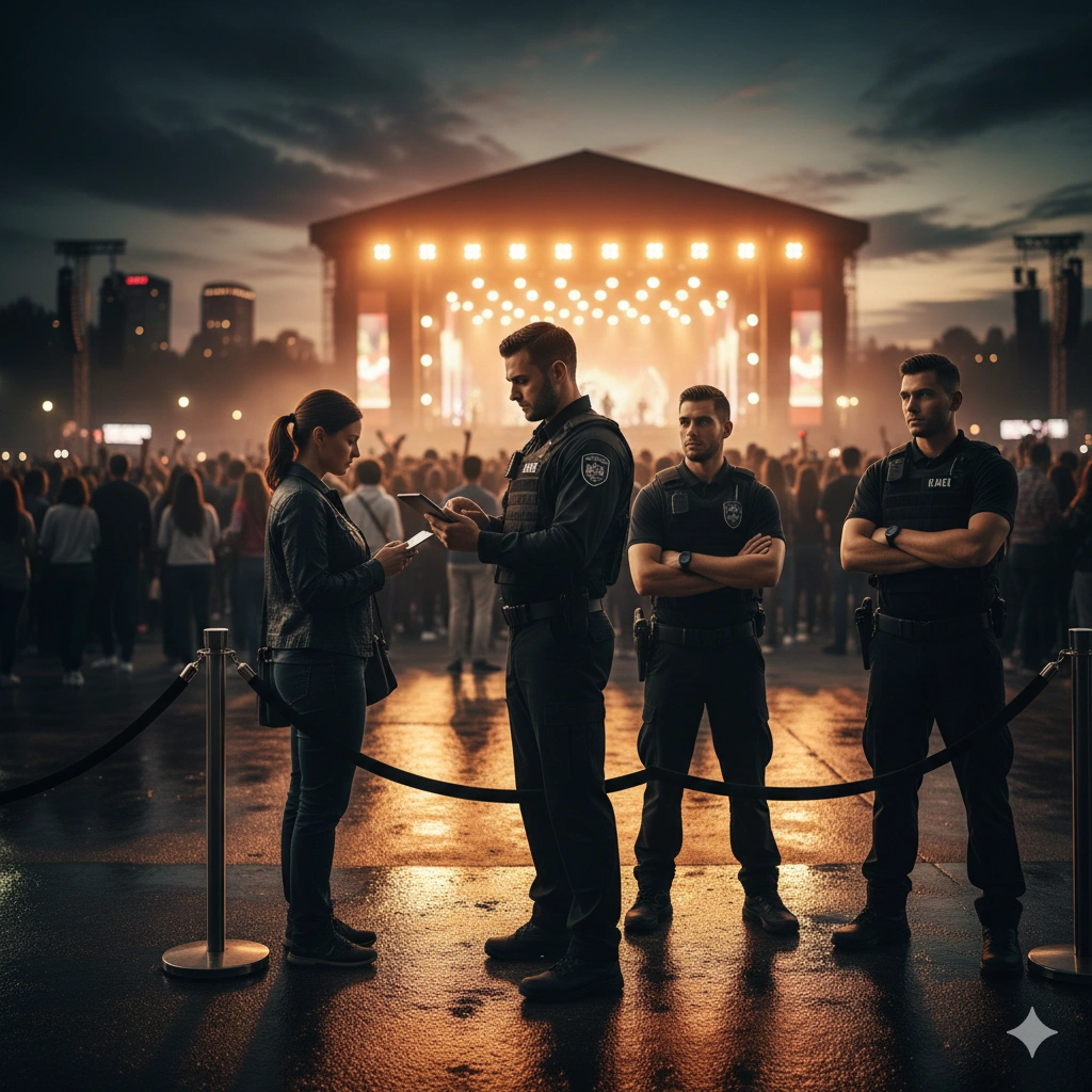 Event security team checking credentials at concert venue entrance with crowd and stage lighting in Dallas-Fort Worth