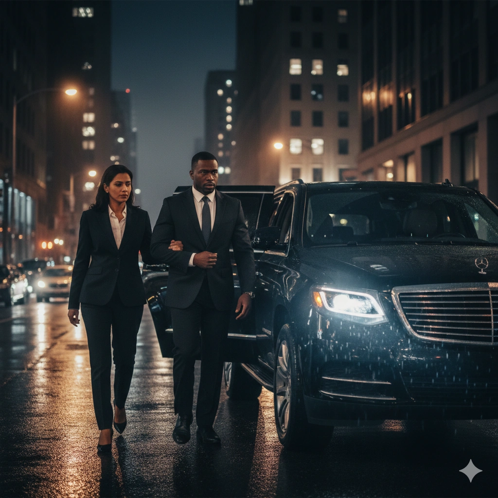 Executive protection officer escorting client to black SUV on city street at night in Dallas-Fort Worth