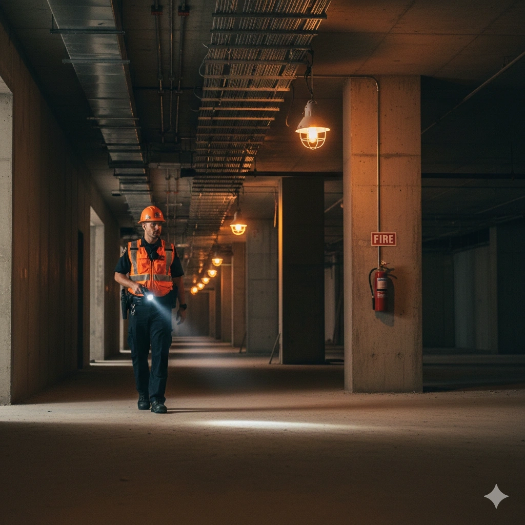 Fire watch security guard in high-visibility vest patrolling inside a building under construction with fire extinguisher visible