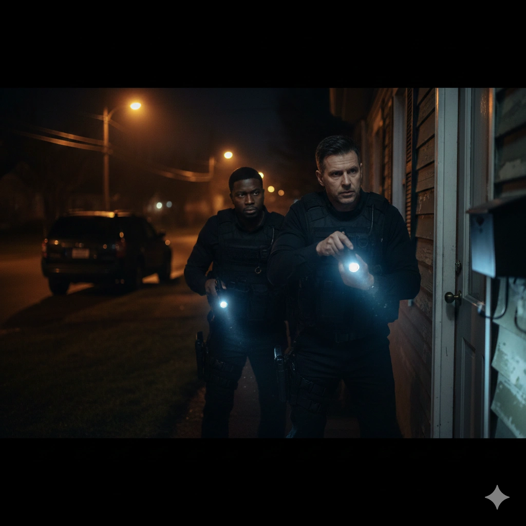 Fugitive recovery agents in tactical gear approaching a location at night with flashlights in Dallas-Fort Worth