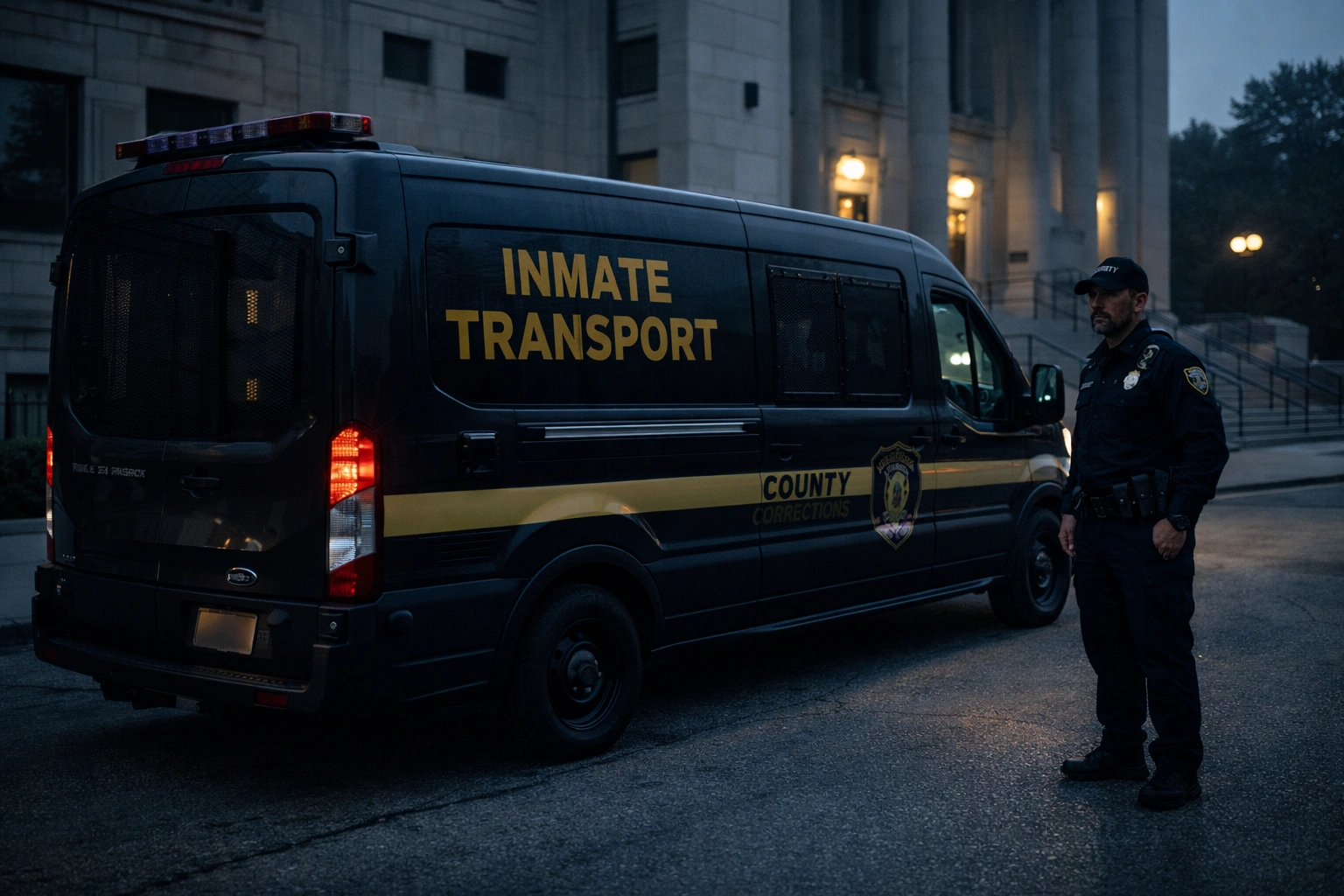 Secure prisoner transport vehicle outside a Texas courthouse for inmate transfer services