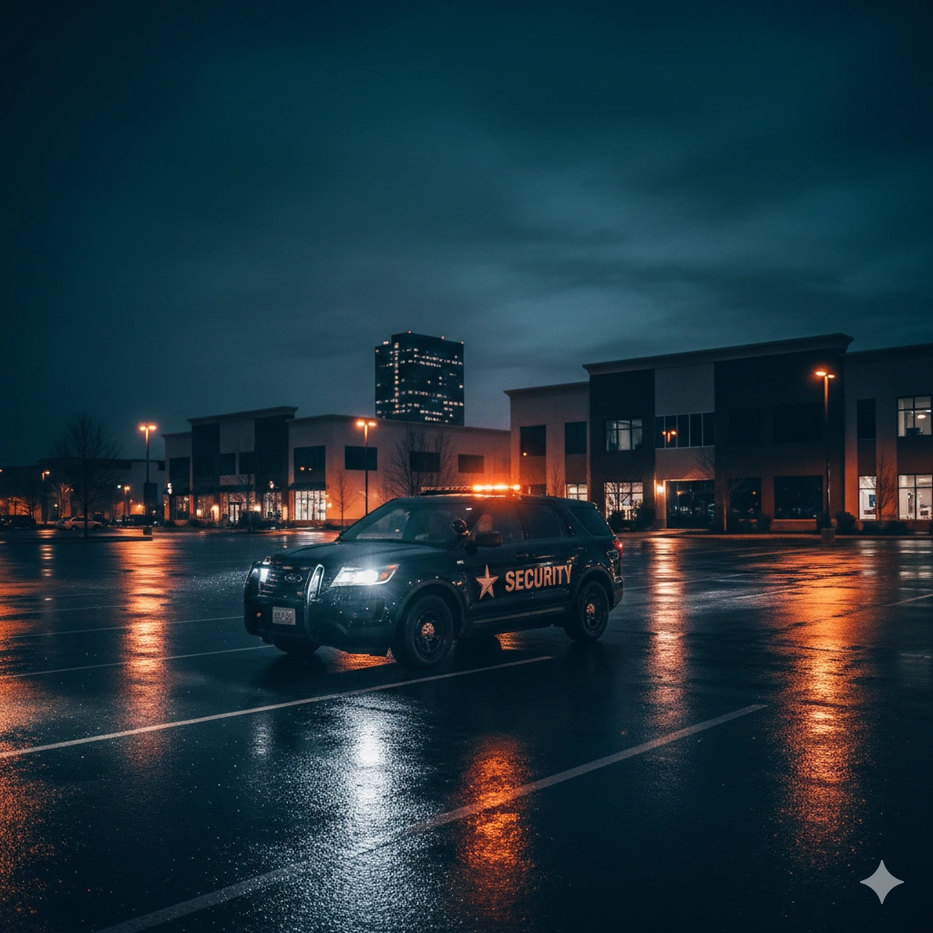 Marked security patrol SUV driving through commercial parking lot at night with headlights on in Dallas-Fort Worth