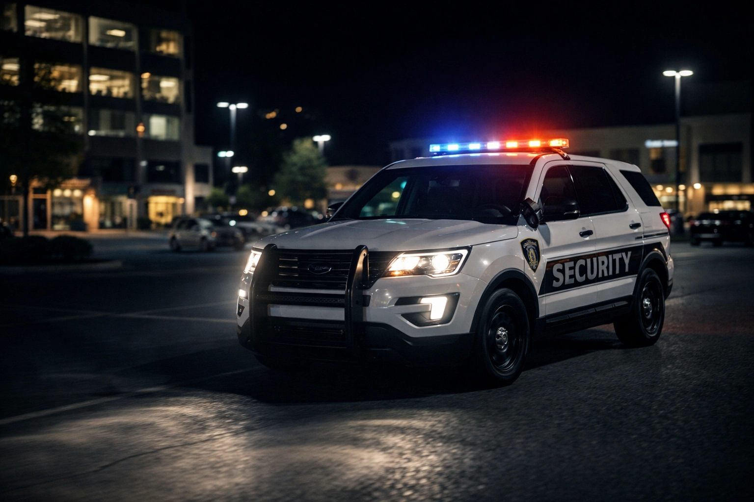 Marked security patrol SUV driving through commercial parking lot at night with headlights on in Dallas-Fort Worth