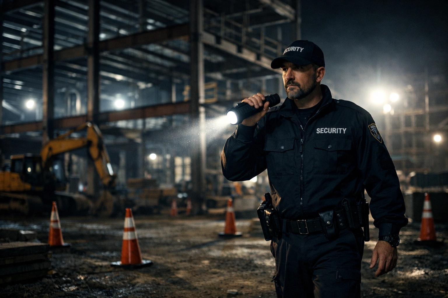 Construction site at night with heavy equipment and security lighting in Dallas-Fort Worth