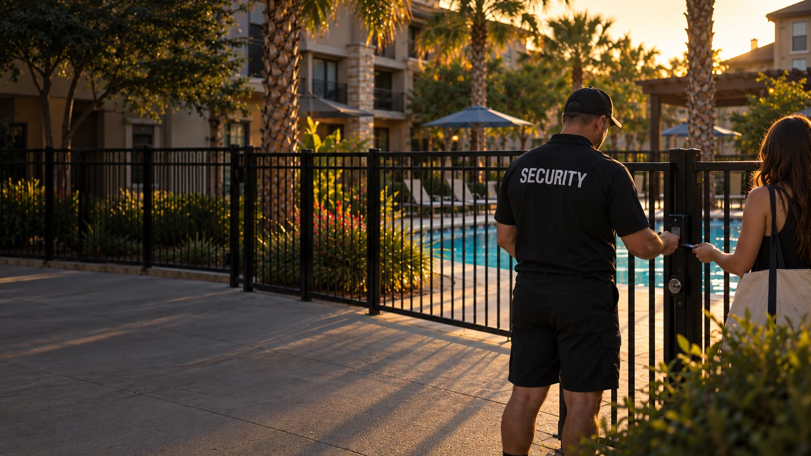 Uniformed security officer checking a resident's key fob at the gated pool entrance of a Dallas-Fort Worth apartment community