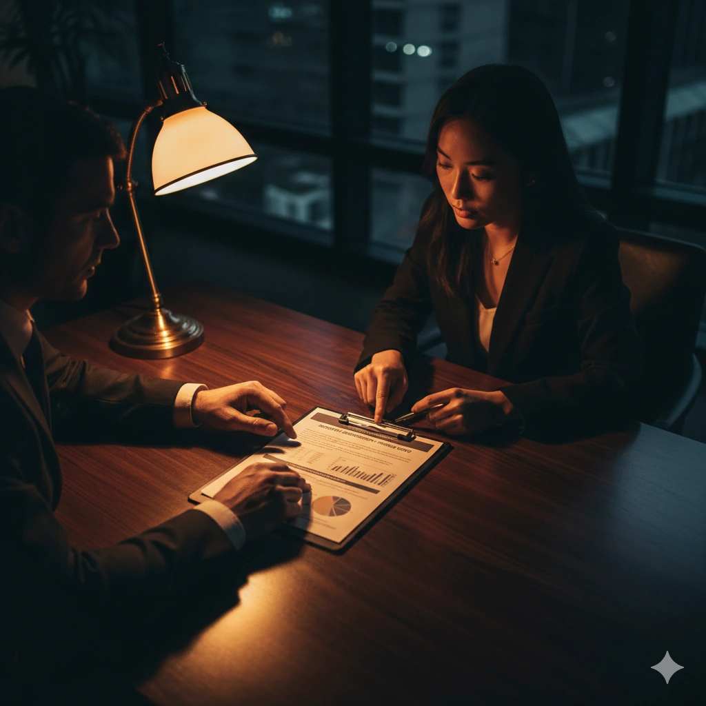 Security consultation meeting reviewing pricing assessment documents under desk lamp in Dallas-Fort Worth office