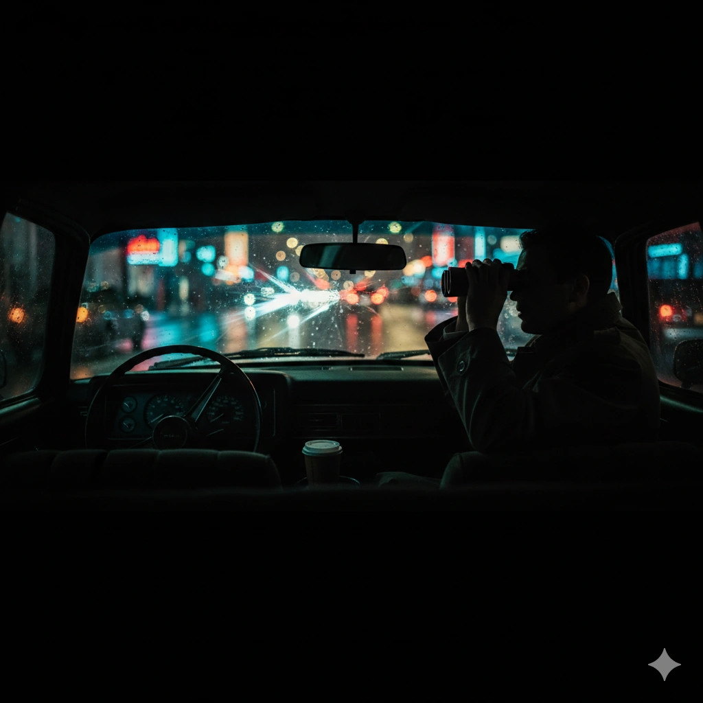 Private investigator conducting nighttime surveillance from vehicle with binoculars in Dallas-Fort Worth